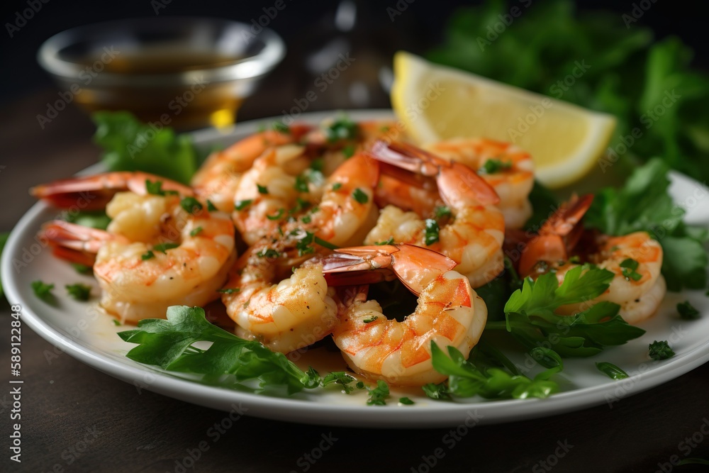 Fresh shrimps grilled and served on a salad, with a zesty garlic lemon butter sauce - food products created with generative AI technology