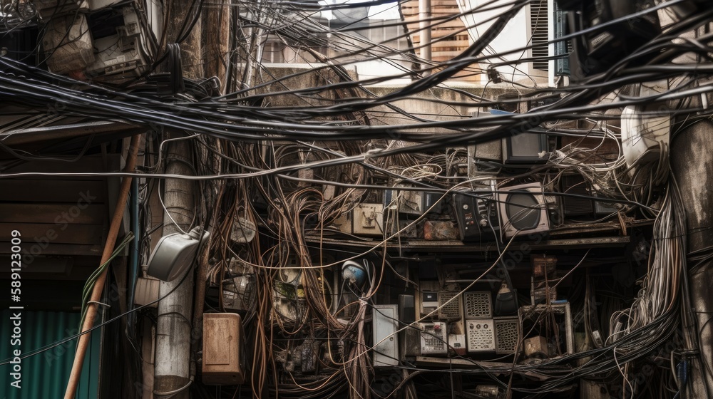 Many tangled wires in the old room. AI generative.