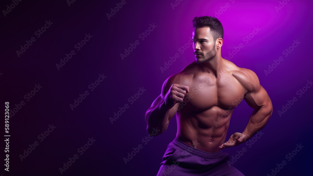 Naklejka premium A fictional person. Confident Fitness Model on a one color Background
