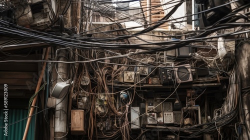 Many tangled wires in the old room. AI generative.