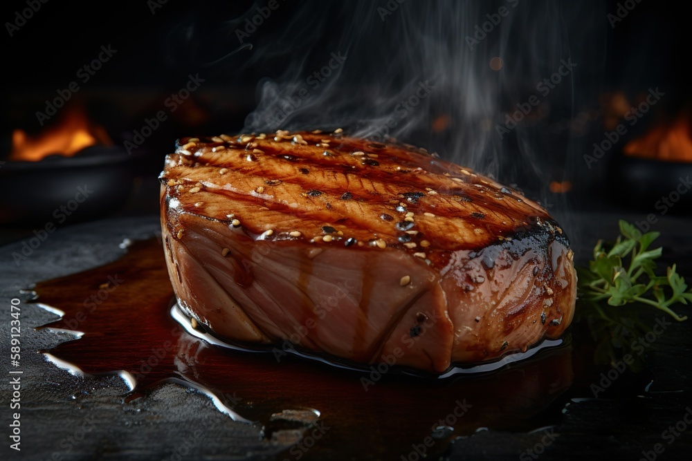 Tuna steaks marinated in a soy and honey glaze, grilled and smoky