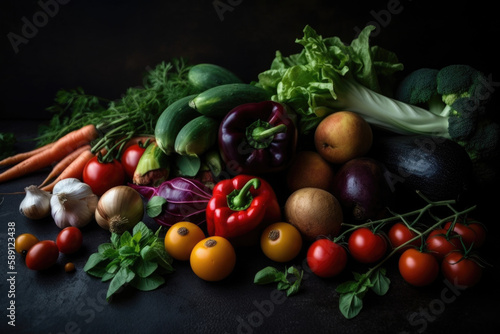 Vegetables On a Dark Background  Wallpaper  Food Photography  Composition  Vegan  Eco  Generative AI