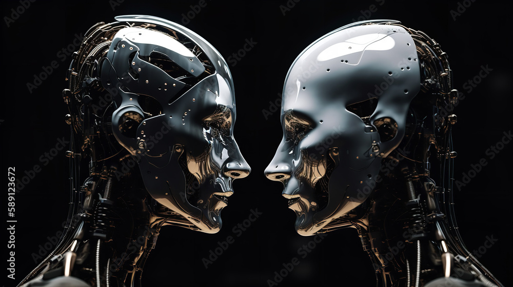 Human and humanoid robot with similar face staring into each other face to face