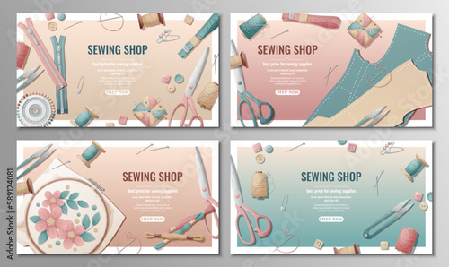 Set of sewing shop banners with sewing supplies and tools. Template of discount banners for tailoring studio, workshop. Compositions of pins, threads, needles, scissors, fabric scattered on the surfac
