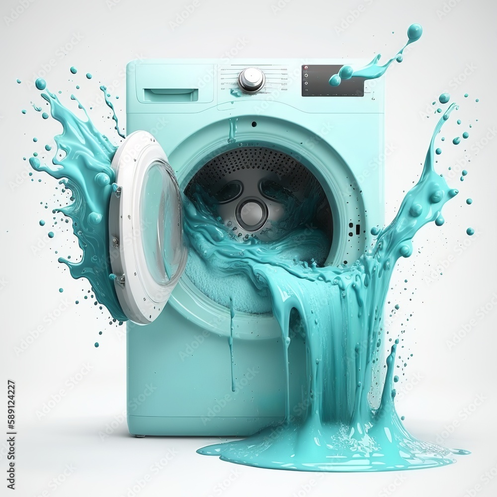 Washing machine drum with clean water flow and splashes. Laundry