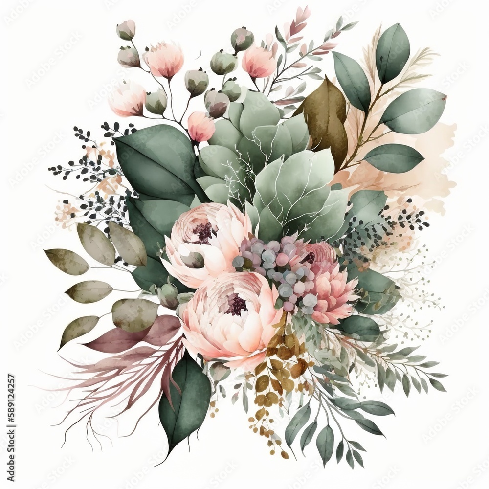Watercolor floral bouquet with green leaves pink peach blush white flowers leaf branches for wedding invitations greetings wallpapers fashion prints Eucalyptus olive green rose peony Generative AI Sto...