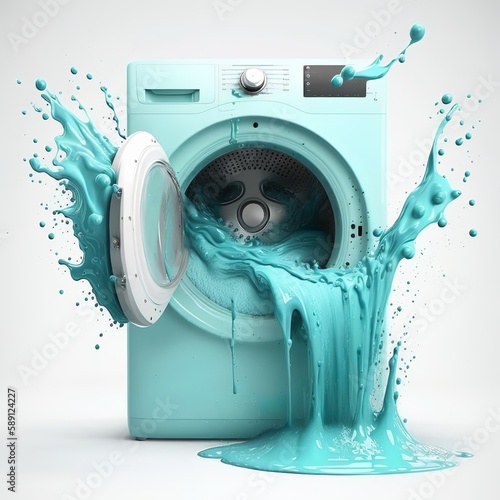Washing machine drum with clean water flow and splashes. Laundry, washing powder concept. ajar opened door white or black background centrifugal housework menthol liquid waterfall Generative AI 