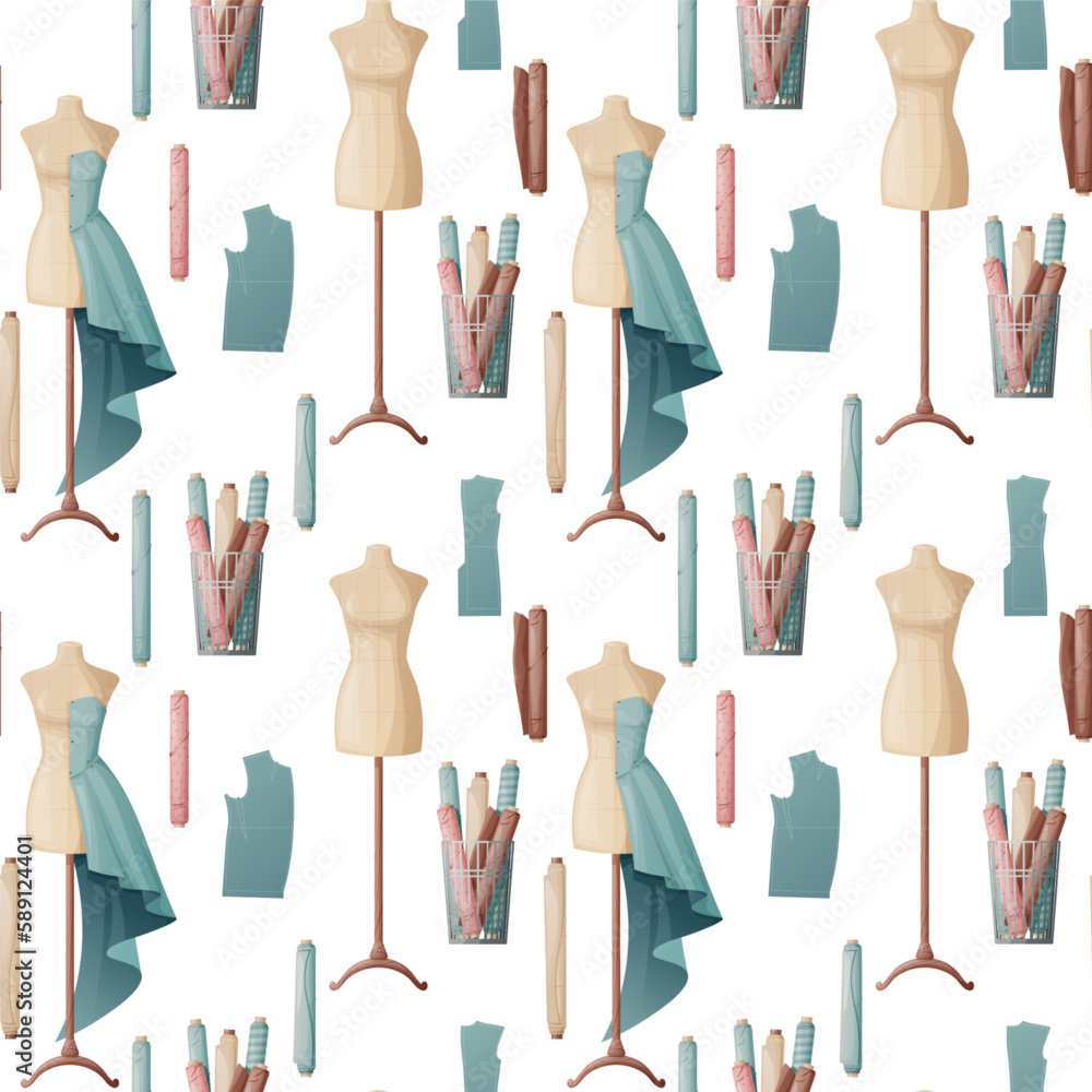 Seamless pattern with sewing accessories. Dress on a mannequin, fabric, clothing pattern. Great for fabric, wallpaper, paper Seamless pattern with sewing accessories. Dress on a mannequin, fabric, clothing pattern. Great for fabric, wallpaper, paper