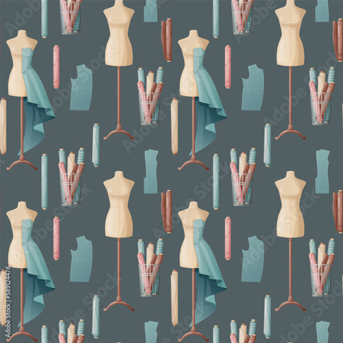 Seamless pattern with sewing accessories. Dress on a mannequin, fabric, clothing pattern. Great for fabric, wallpaper, paper