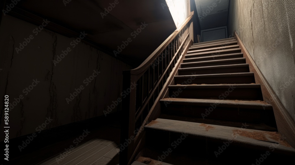 Scary descent of stairs to the basement. AI generate.