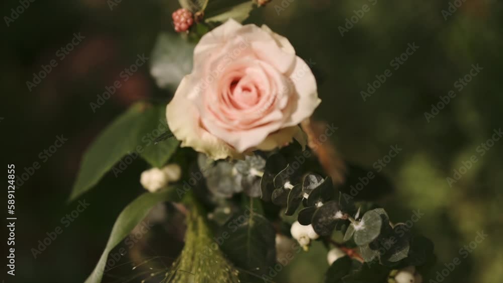 Closeup view of beautiful wedding flower decorations outdoors Closeup view of beautiful wedding flower decorations outdoors