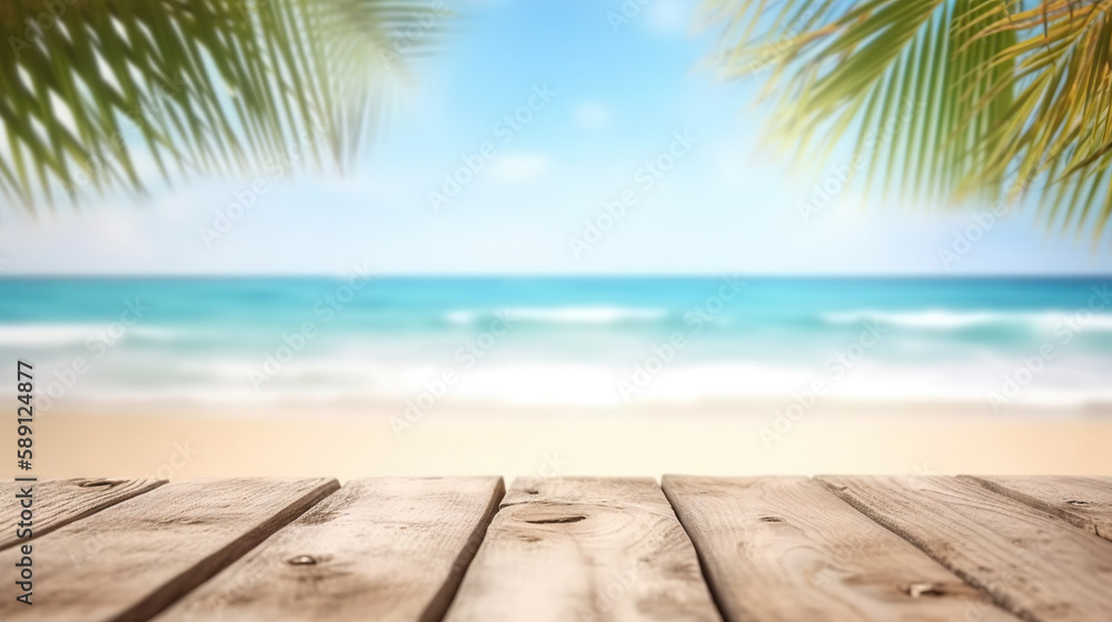 Fototapeta premium Wooden planks on background of white sand ocean beach and sunny sky. Based on Generative AI