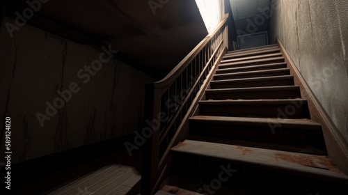 Scary descent of stairs to the basement. AI generate.