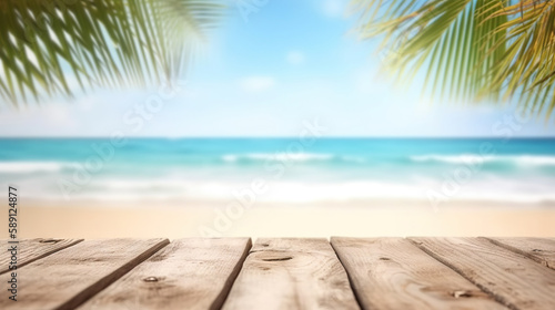 Wooden planks on background of white sand ocean beach and sunny sky. Based on Generative AI © Yeti Studio