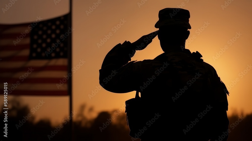 Composition of silhouette of saluting soldier against sunset sky with ...
