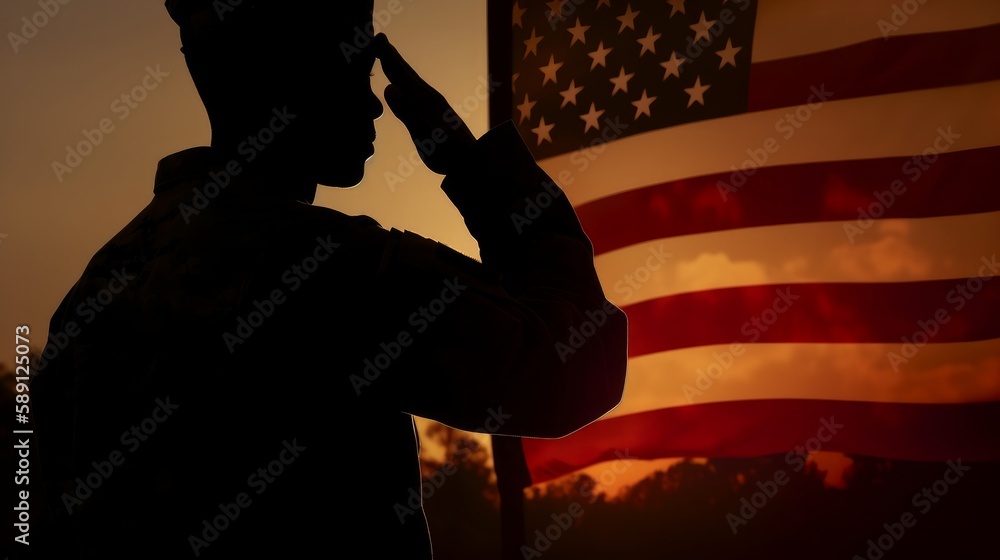 Composition of silhouette of saluting soldier against sunset sky with ...