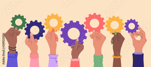 Hands of different ethnicity people holding a gears. Teamwork, partnership, international cooperation concept. Hand drawn vector illustration isolated on light background, modern flat cartoon style.