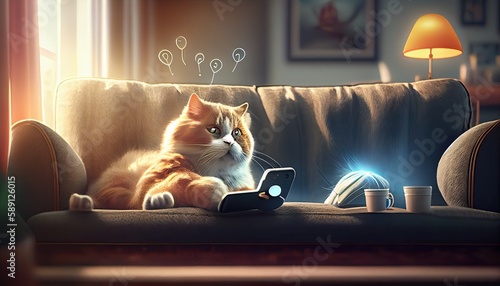 Cat checking his phone photo