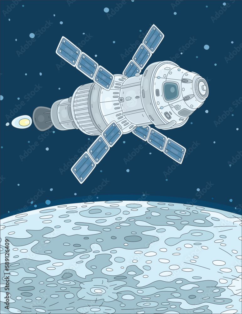 Scientific spacecraft with solar panels flying in orbit around the Moon, vector cartoon illustration Scientific spacecraft with solar panels flying in orbit around the Moon, vector cartoon illustration
