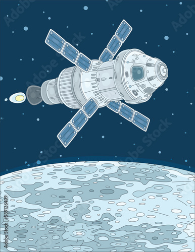 Scientific spacecraft with solar panels flying in orbit around the Moon, vector cartoon illustration
