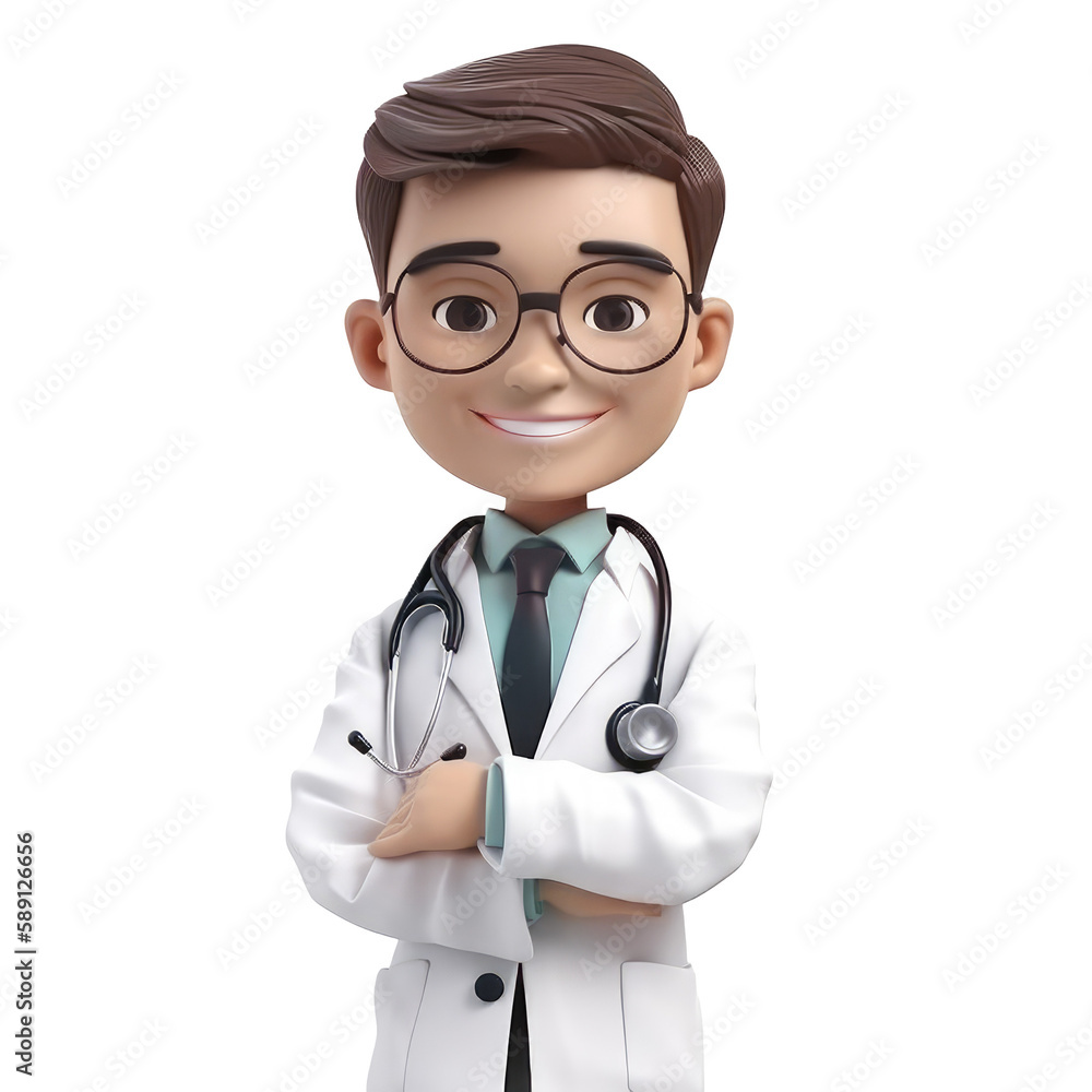 Young smiling man doctor, medical specialist Medicine concept. Cute 3d icon people character illustration. Cartoon minimal style on isolated transparent background png. Generative ai