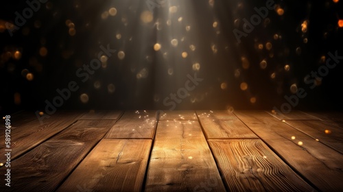 wooden background with falling light, with empty space. table background of free space for your decoration and blurred landscape. AI generated.
