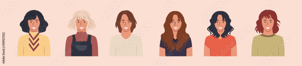 Set of different people portraits of diverse big business team vector flat illustrations. Collection of avatars of people, men and women. Group of happy smiling coworkers.