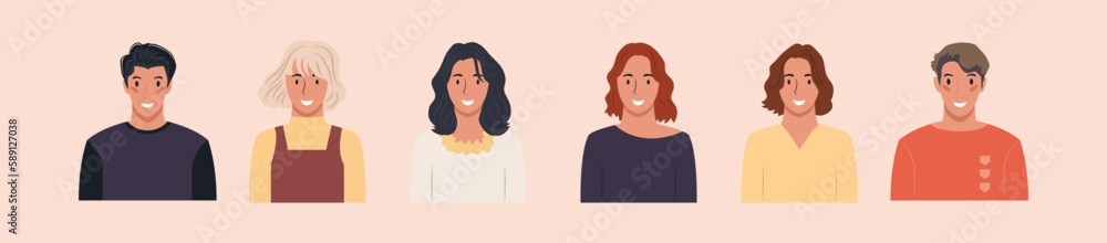 Set of different people portraits of diverse big business team vector flat illustrations. Collection of avatars of people, men and women. Group of happy smiling coworkers. Set of different people portraits of diverse big business team vector flat illustrations. Collection of avatars of people, men and women. Group of happy smiling coworkers.