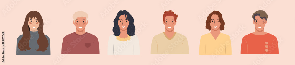 Set of different people portraits of diverse big business team vector flat illustrations. Collection of avatars of people, men and women. Group of happy smiling coworkers. Set of different people portraits of diverse big business team vector flat illustrations. Collection of avatars of people, men and women. Group of happy smiling coworkers.