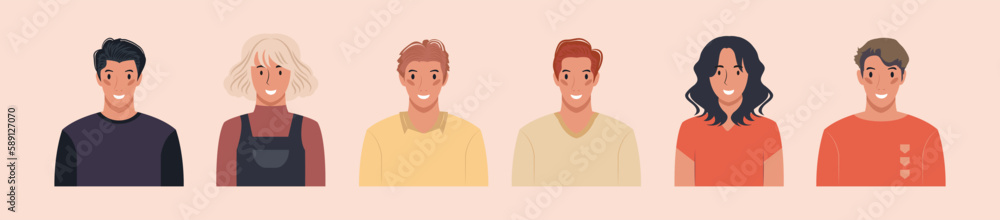 Set of different people portraits of diverse big business team vector flat illustrations. Collection of avatars of people, men and women. Group of happy smiling coworkers. Set of different people portraits of diverse big business team vector flat illustrations. Collection of avatars of people, men and women. Group of happy smiling coworkers.