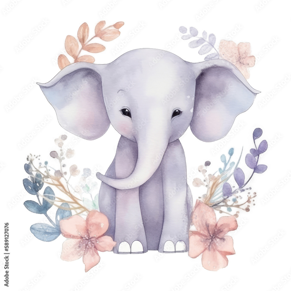 Cute watercolor elephant. Illustration Generative AI.