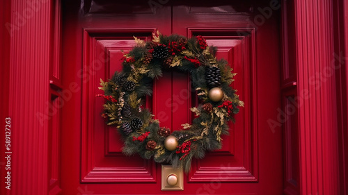 Elegance Christmas wreath on door, created with Generative AI Technology