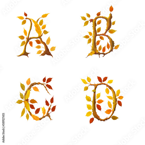 Stylized autumn leaf tree alphabet - letters A-D