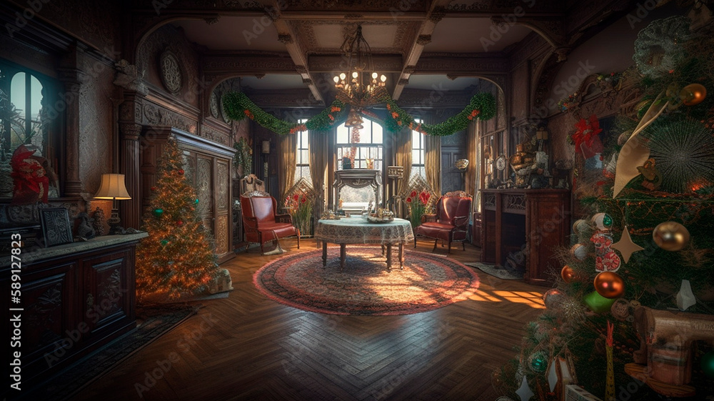 Vintage Christmas interior on Victorian epoch, created with Generative AI Technology