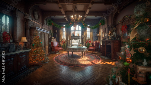 Vintage Christmas interior on Victorian epoch, created with Generative AI Technology © Masson