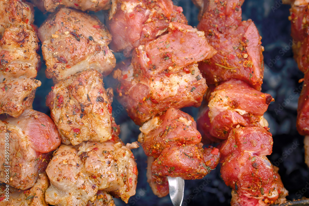 Meat cooked at barbecue and raw sticks on skewer, close up. Shish kebab cooking outdoors. Raw spicy marinated meat cook on bbq grill. Pork meat, shashlik, prepared on grill wood coal, outdoor