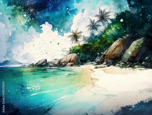Summer tropical beach watercolor background  Beautiful landscape with beach  Landscape painting  Watercolor landscape  Ocean watercolor hand painting illustration.