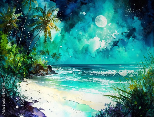 Summer tropical beach watercolor background, Beautiful landscape with beach, Landscape painting, Watercolor landscape, Ocean watercolor hand painting illustration.