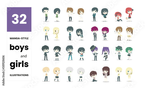 Pack 32 manga-style boys and girls illustrations in vector