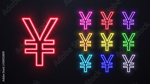 A set of neon japanese yen (JPY) logos in different colors.