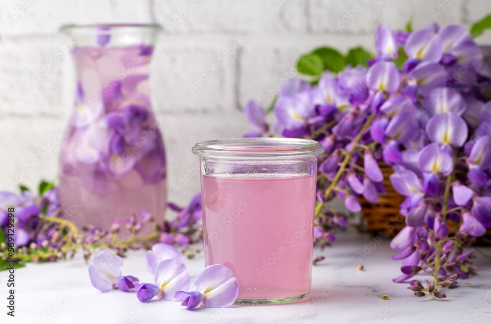 Drink for health made from Wisteria sinensis flower. Wisteria sinensis sherbet. Turkish name; Mor salkim serbeti Drink for health made from Wisteria sinensis flower. Wisteria sinensis sherbet. Turkish name; Mor salkim serbeti