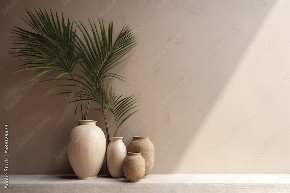 interior beige vase design concrete home sunlight wall shadows decor empty. Generative AI. interior beige vase design concrete home sunlight wall shadows decor empty. Generative AI.