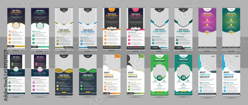 Professional health care and medical roll up design, standee and banner template decoration for exhibition, printing, presentation and brochure flyer bundle