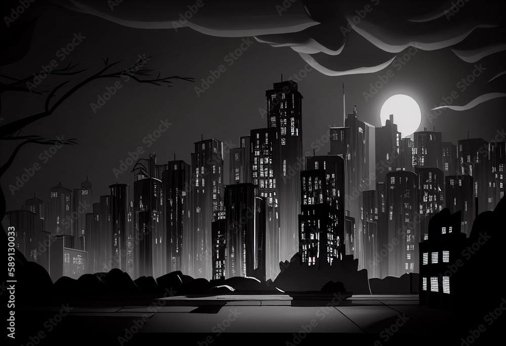 city skyline at night, captured form air, storyboard, black and white, cartoon