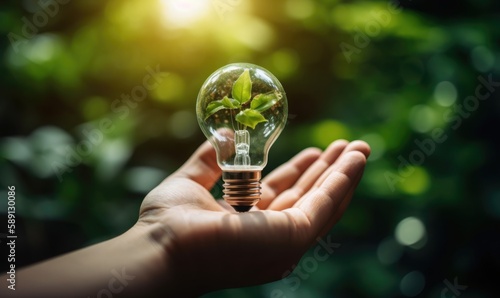 Hand holding light bulb against nature on green leaf with icons energy sources for renewable, generative AI