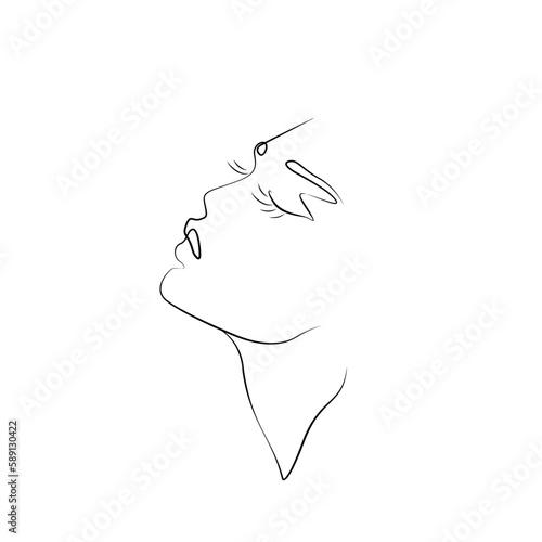 Woman's face with long eyelashes. Abstract portrait, continuous line drawing, single line on white background, isolated vector illustration. Tattoo, print and logo design for a spa or beauty salon.