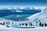 Panorama of the South Pole. Eco south pole vector illustration. Penguins, ice floes