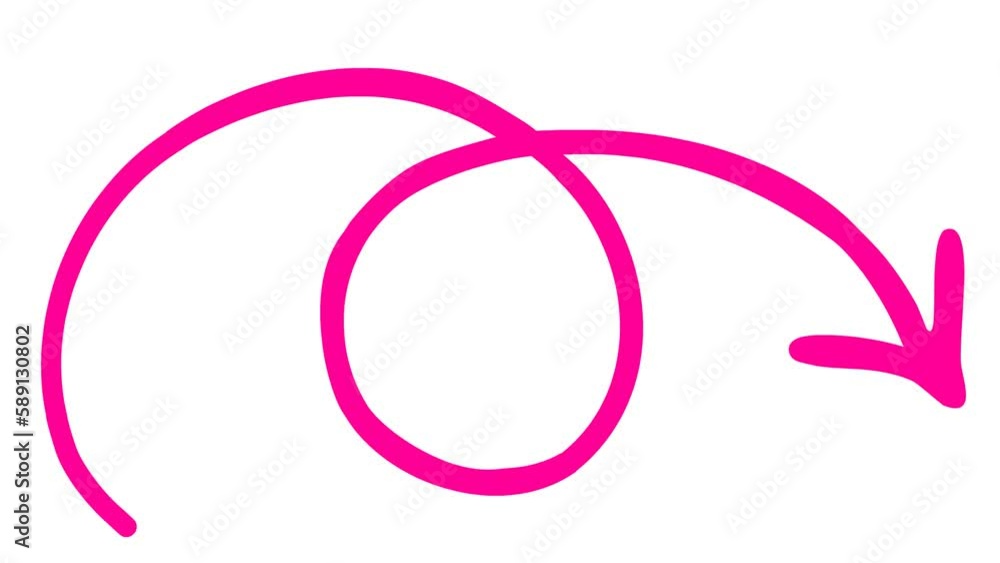 Animated pink symbol of arrow with loop. Hand drawn magenta arrow points to the right. Vector illustration isolated on white background. Animated pink symbol of arrow with loop. Hand drawn magenta arrow points to the right. Vector illustration isolated on white background.