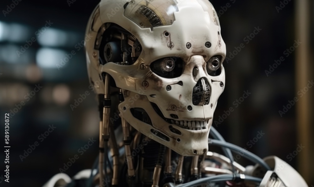 Fototapeta premium artificial intelligent humanoid robot still in skeleton stage assemble in android factory, generative AI