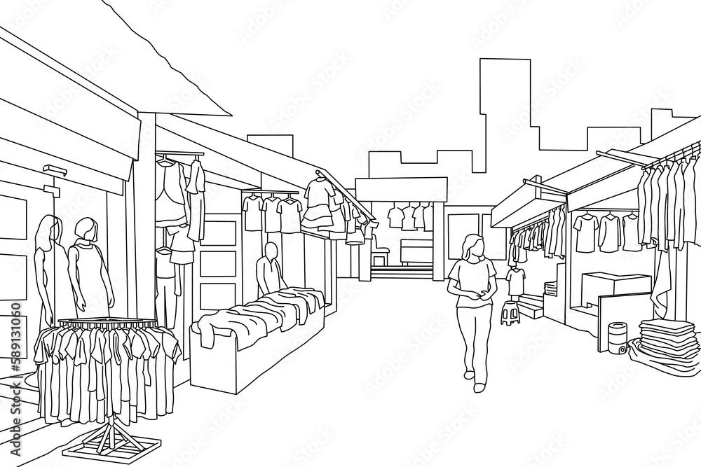 Black and White outline showing a Street Market Place in an Illustration style